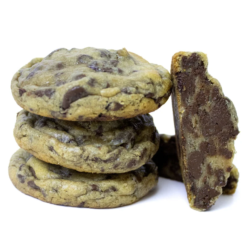 Freshly baked chocolate chip cookies stacked