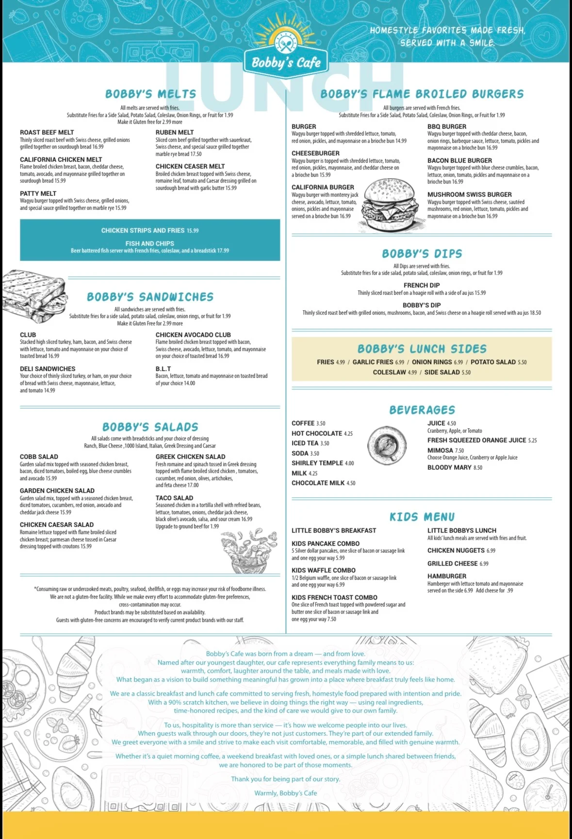 Bobby's Cafe menu featuring diverse American comfort food options