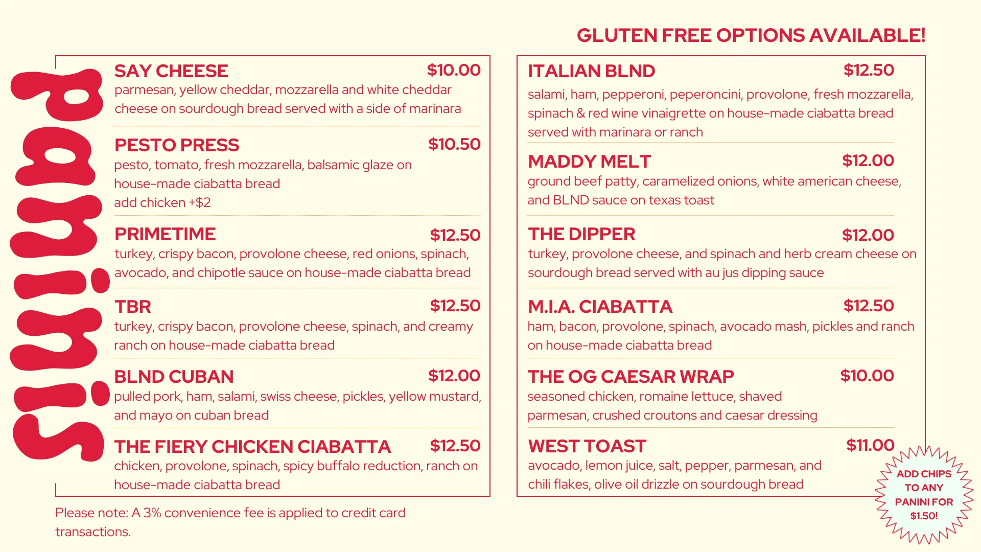Menu items displayed on a restaurant menu board.