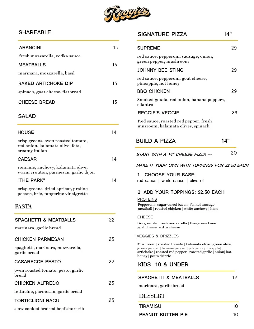 Menu featuring Italian dishes and signature pizzas