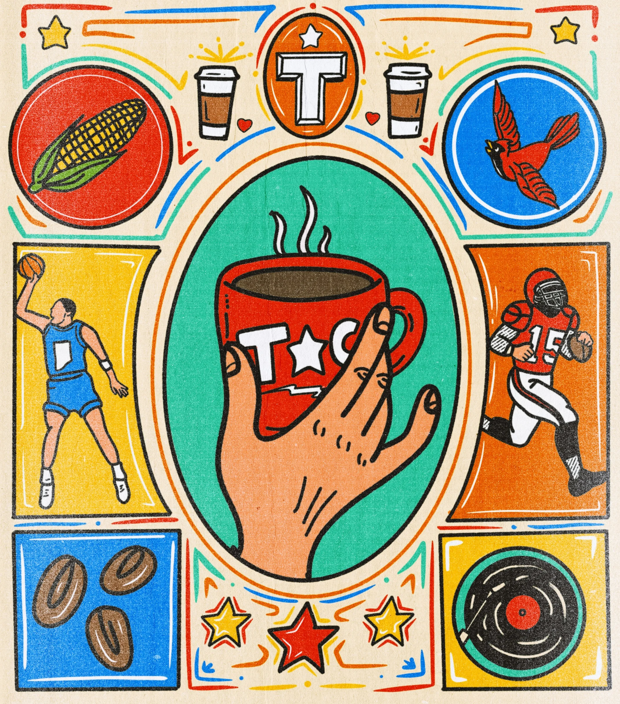 An artistic illustration showcasing various elements like a coffee mug, basketball player, and corn, all surrounded by stars and vibrant colors.