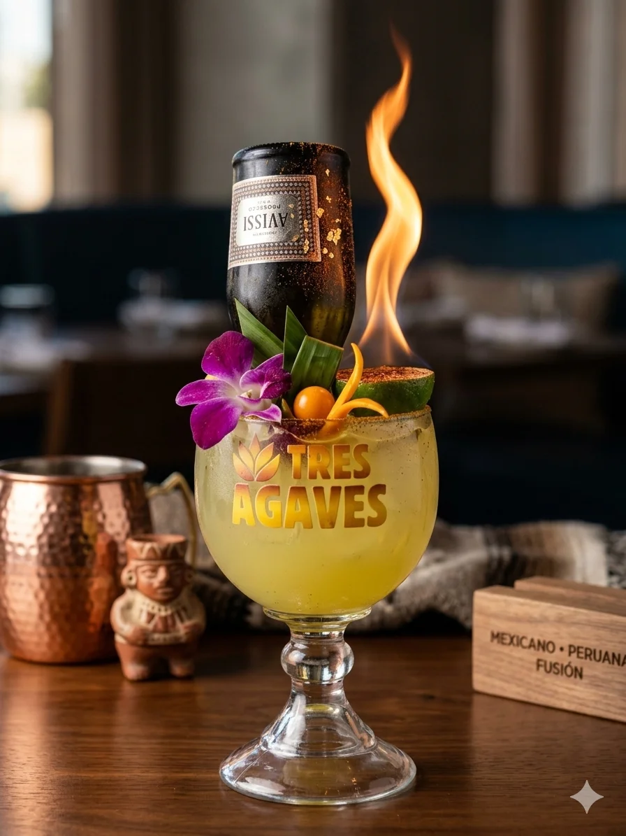 Flaming cocktail with vibrant garnishes at a trendy bar