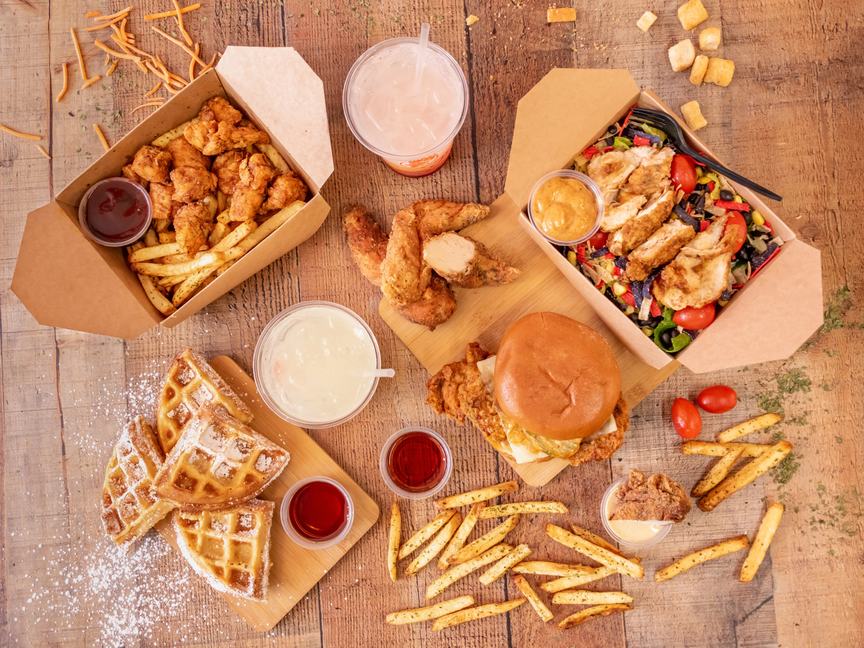 Southern fried chicken with waffles and sides