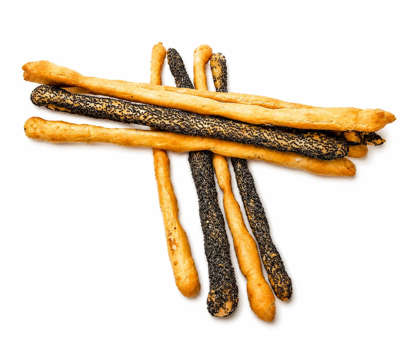 A stack of breadsticks, some with poppy seeds and others plain.