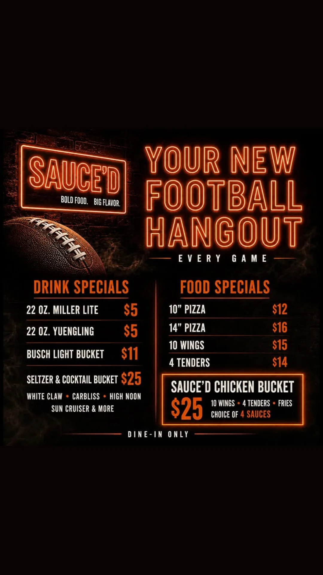 Football-themed restaurant menu showcasing drink and food specials
