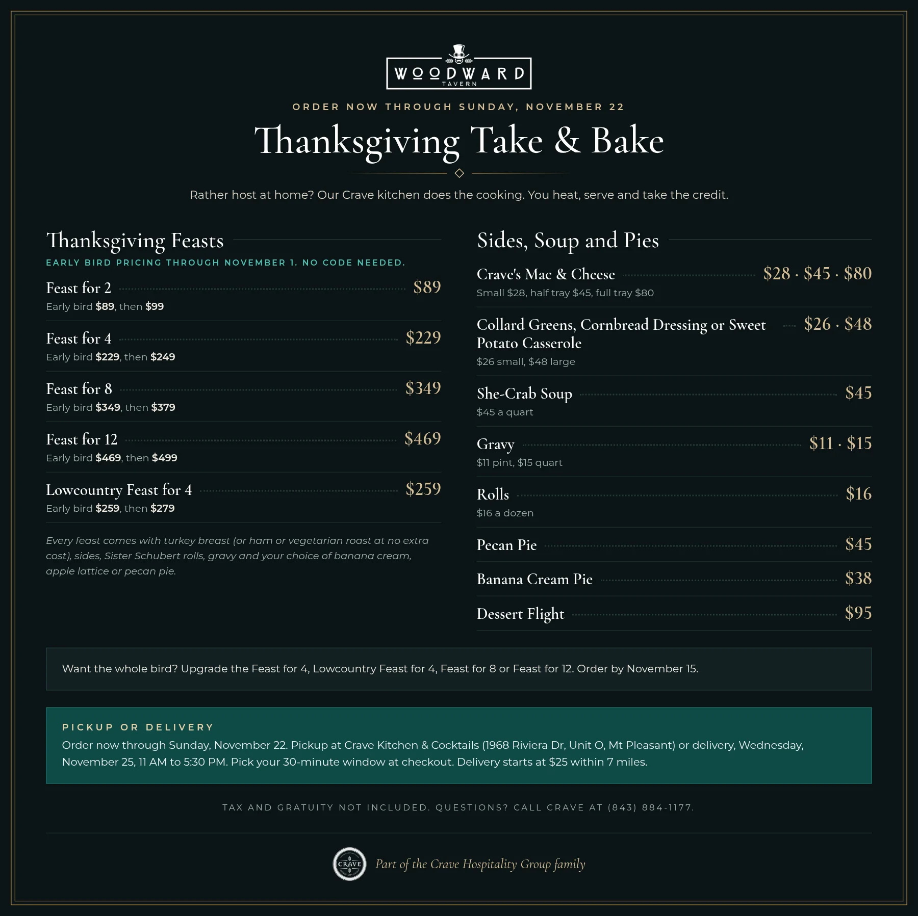 Thanksgiving Take & Bake price card: Feasts for 2, 4, 8 and 12, Lowcountry Feast, sides, soup and pies, with pickup and delivery details