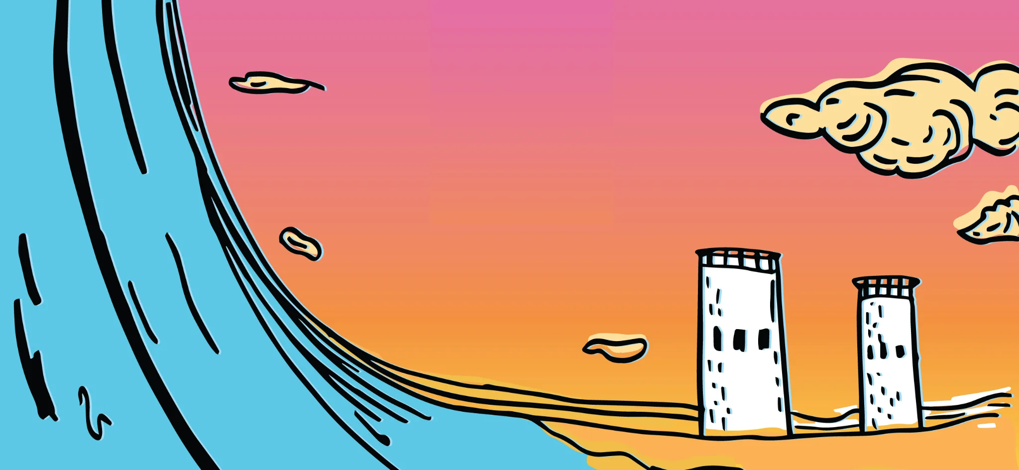 Colorful illustration of ocean waves and towers at sunset