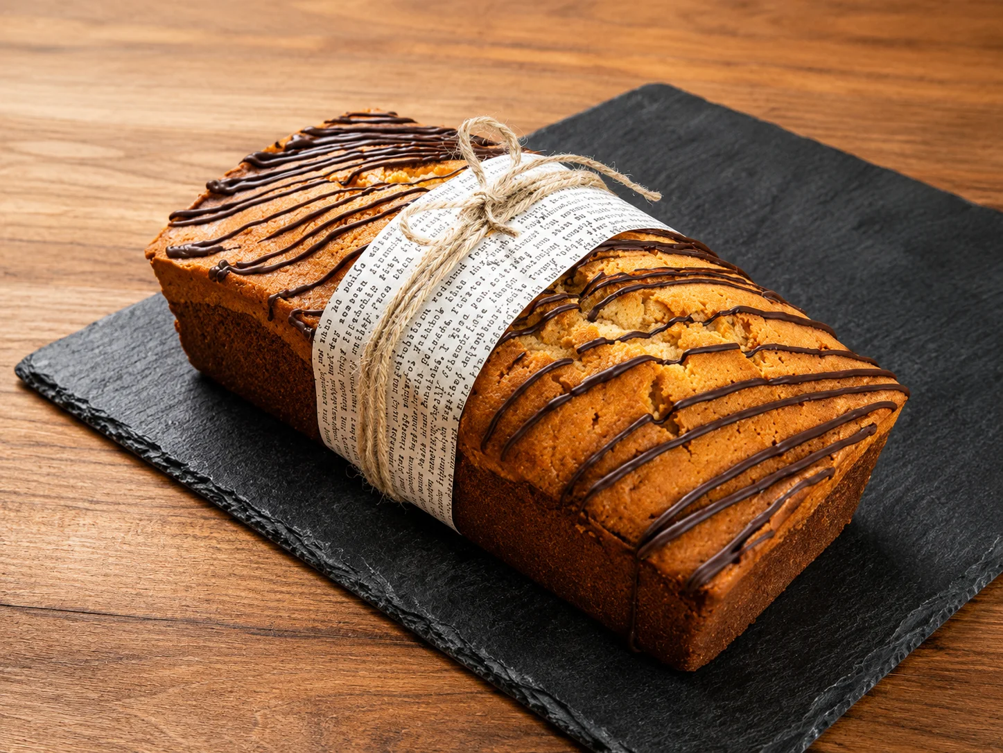 Loaf cake drizzled with chocolate and wrapped in newspaper.