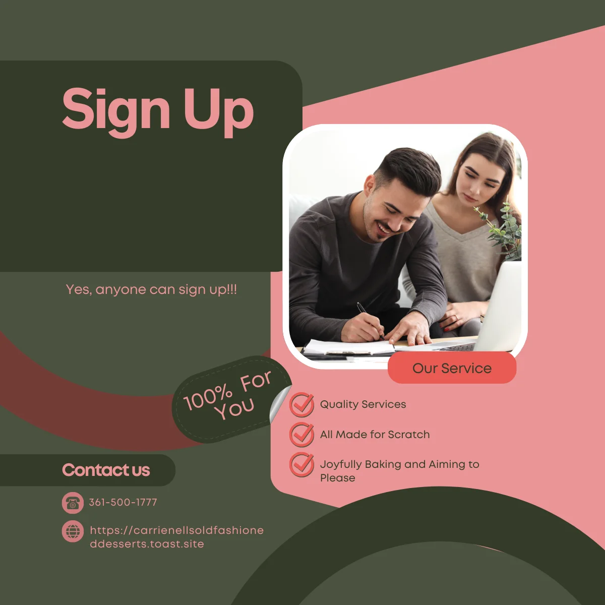Sign-up promotion for a baking service with happy customers