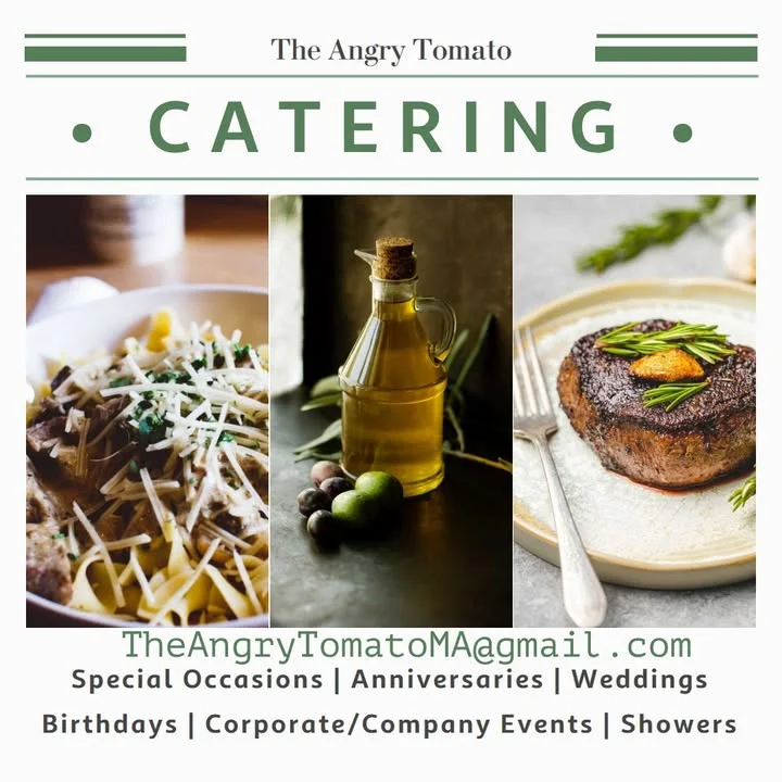 A collage showcasing catering services, including a pasta dish, olive oil, and a steak with herbs. The background suggests a focus on culinary elegance.