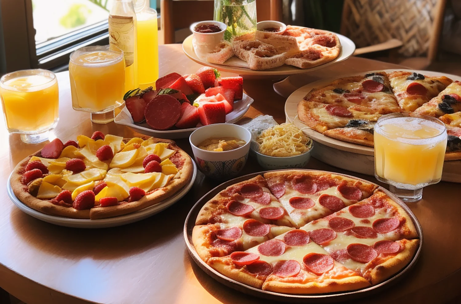 Delicious pepperoni pizza and fruit platter on a wooden table