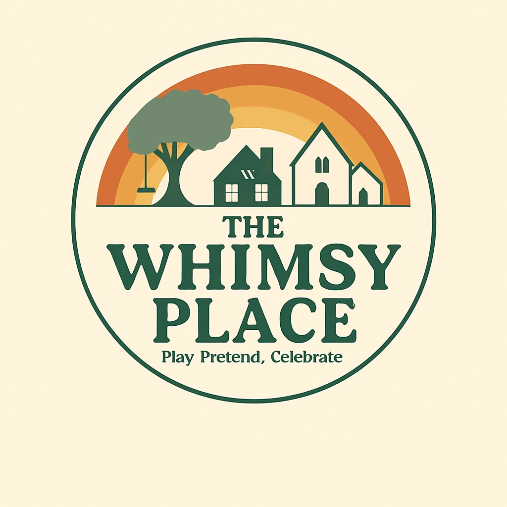 A logo featuring a rainbow, a tree, and houses with the text 'The Whimsy Place' below.