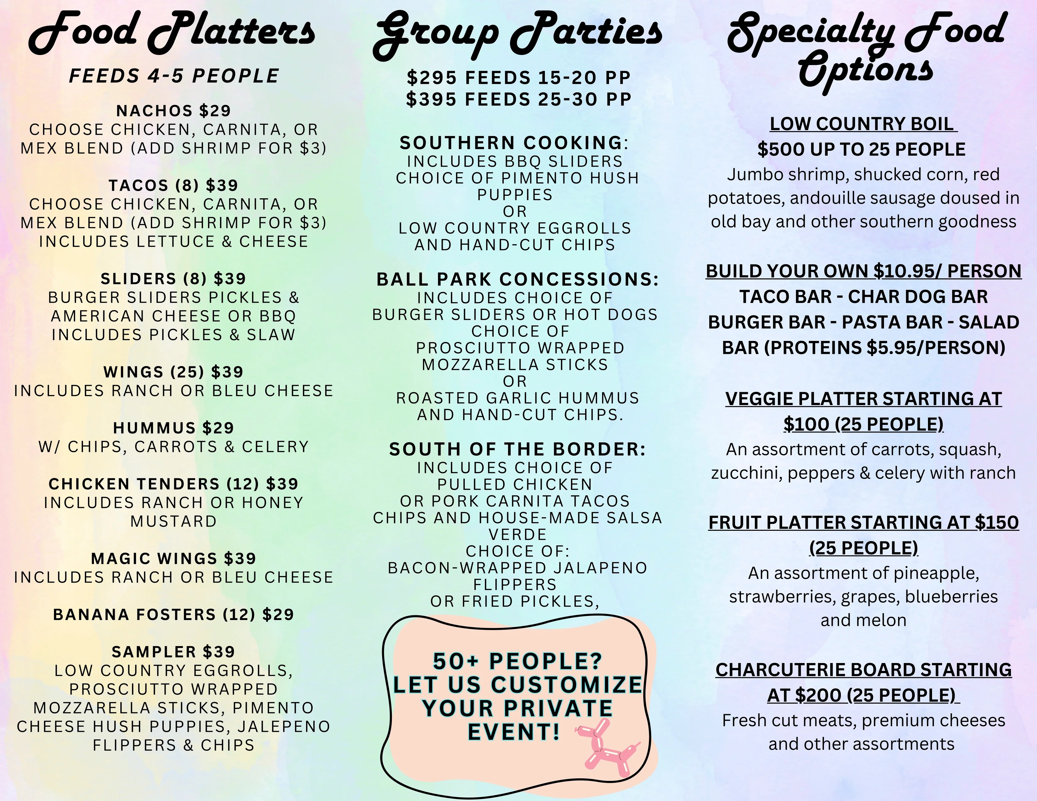 Catering menu featuring Southern and American party food options