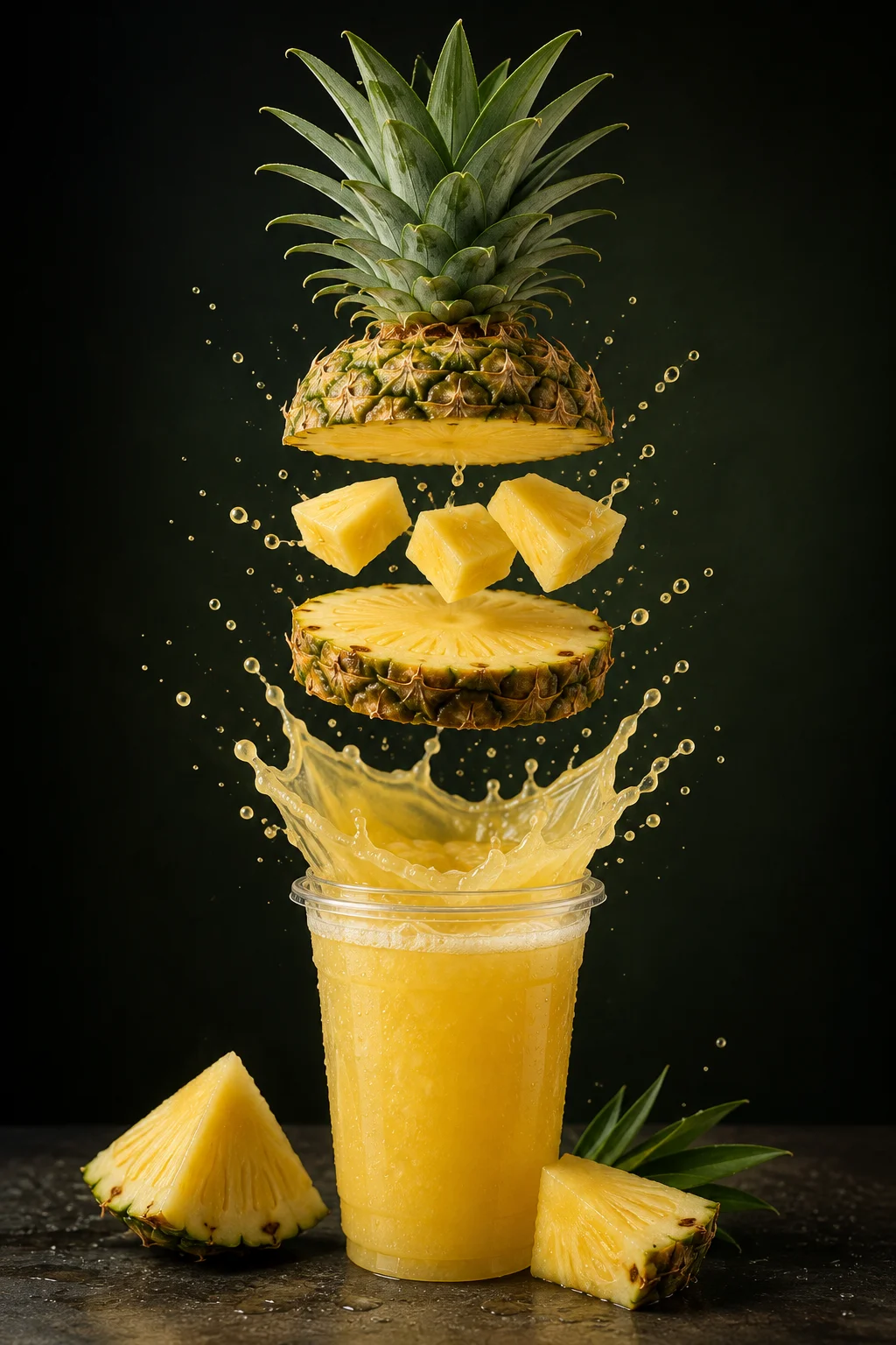 A refreshing pineapple drink with slices and chunks of pineapple floating above a cup. The drink appears to be splashing around the edges.