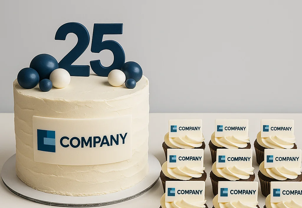 Celebratory cake and cupcakes for a company anniversary