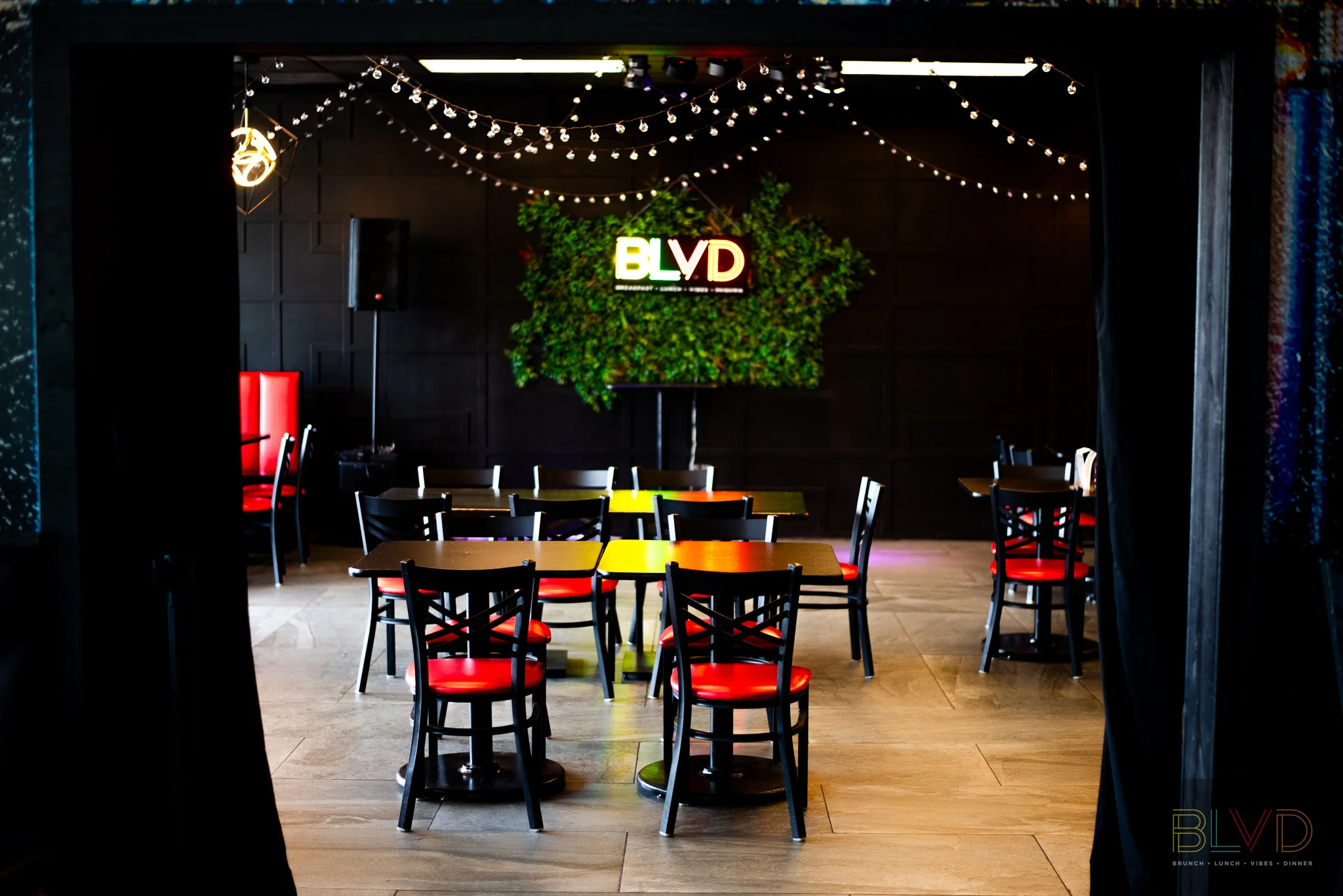 Modern restaurant interior with vibrant decor and seating