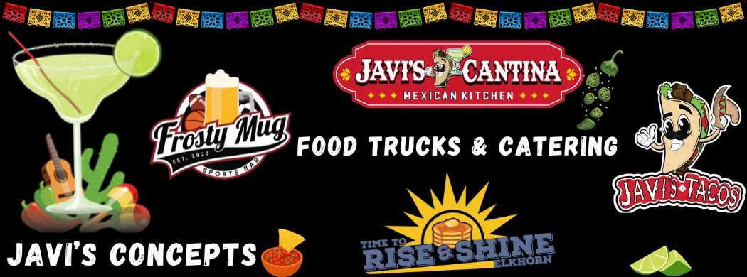 Colorful branding for Javi's Concepts featuring various restaurant logos and designs