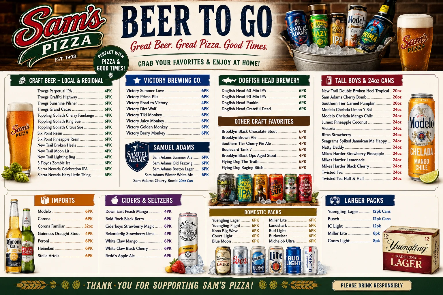 Craft beer selection at a pizzeria for takeout