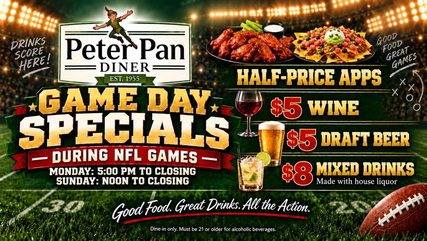 Restaurant game day specials graphic with wings, nachos, wine, beer, and cocktails