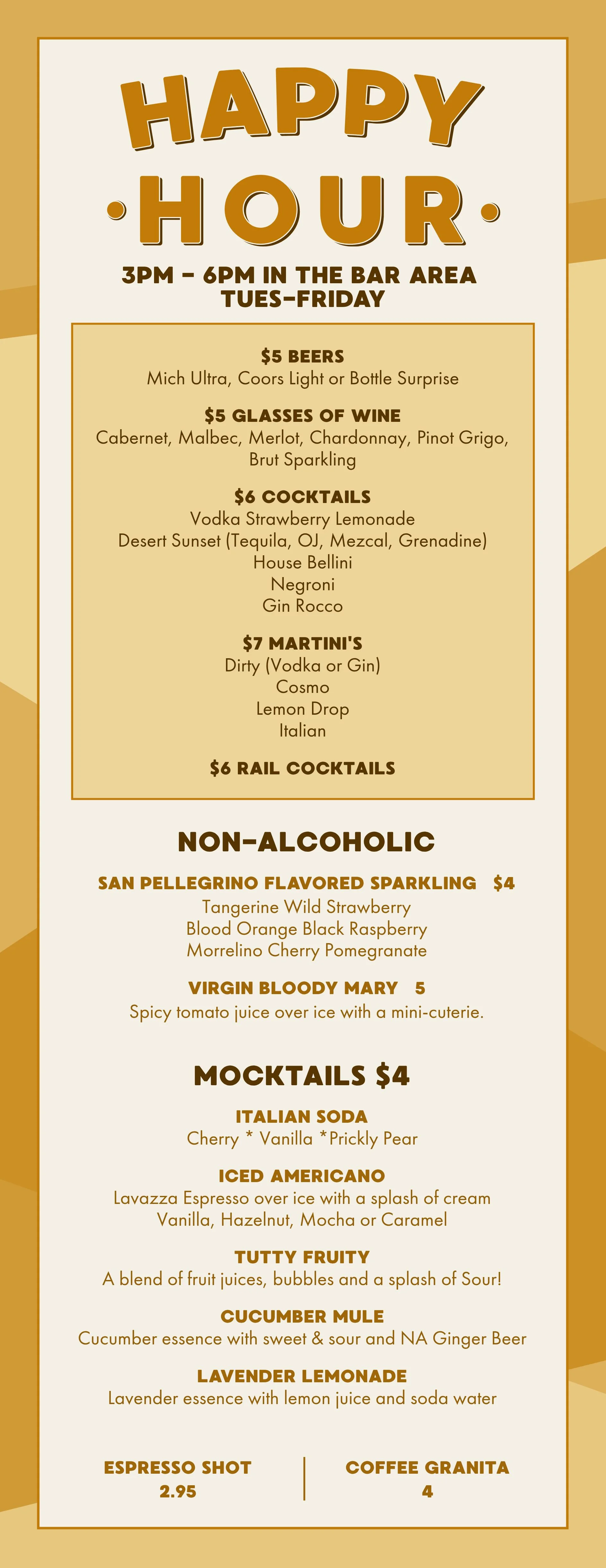 Happy hour drink menu featuring cocktails and mocktails