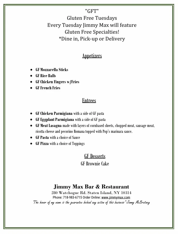 Jimmy Max Gluten free Tuesday menu, GF Pizza Pasta and Seafood Dishes