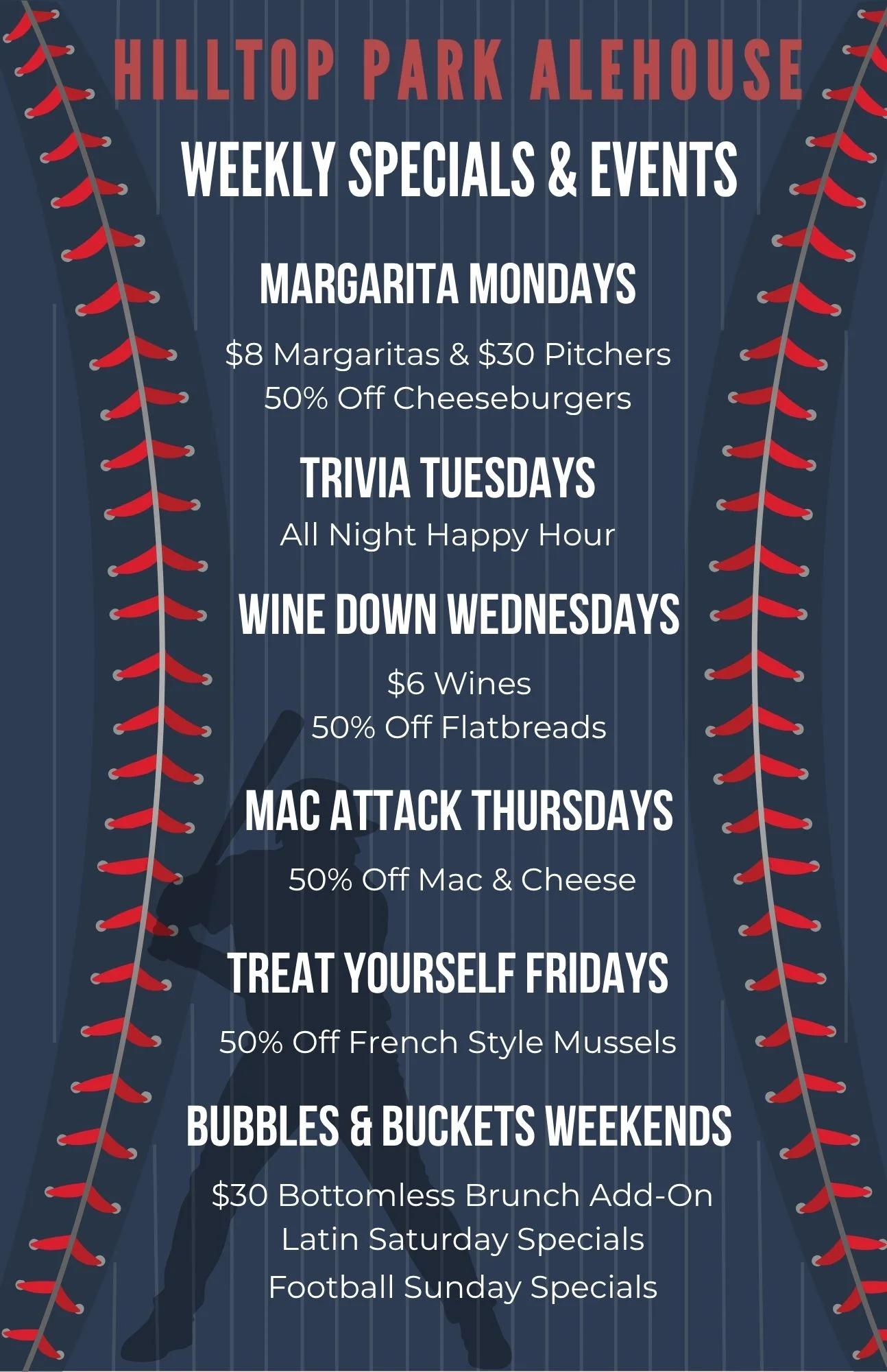 Weekly specials and events menu at Hilltop Park Alehouse