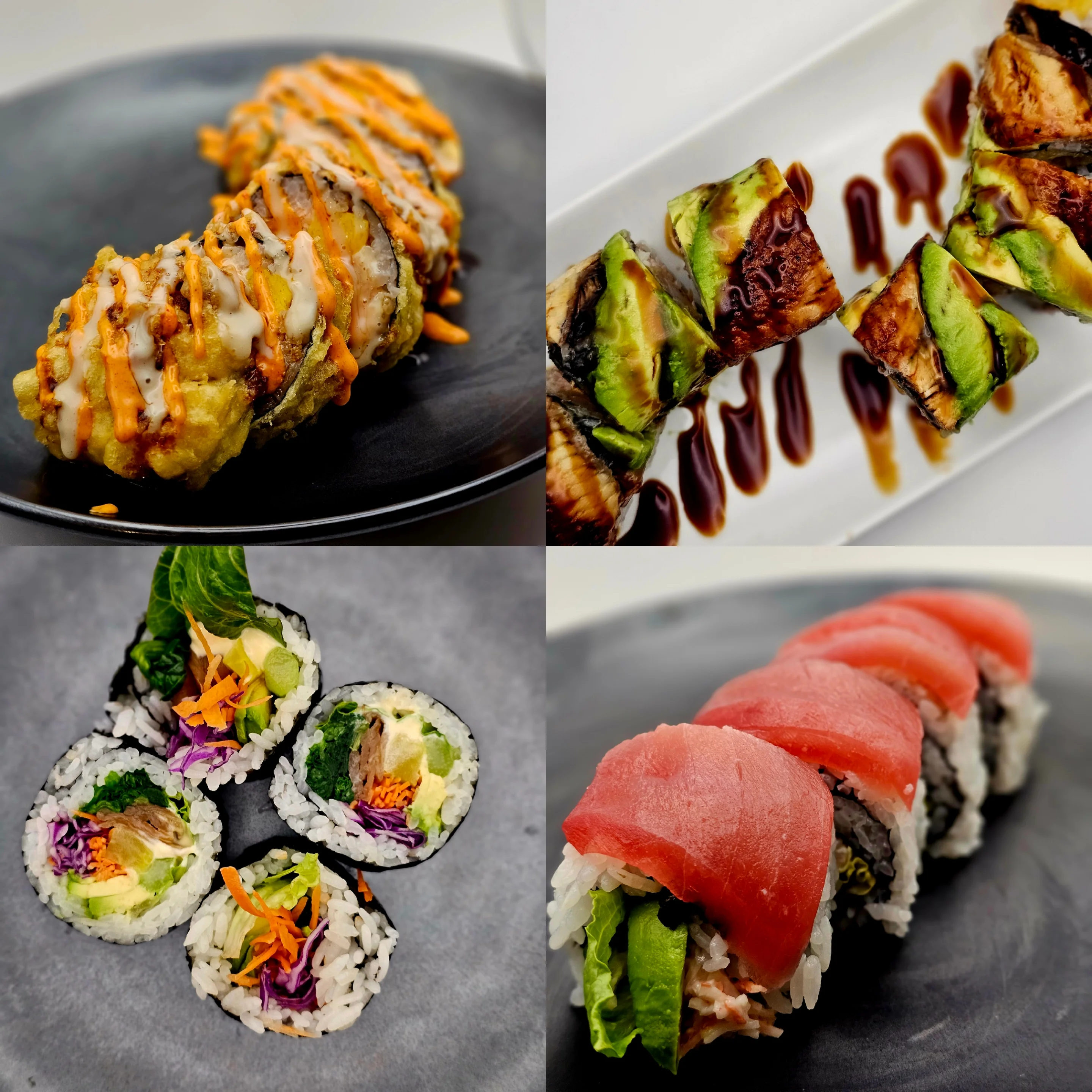 Assorted sushi rolls including tempura and tuna sashimi
