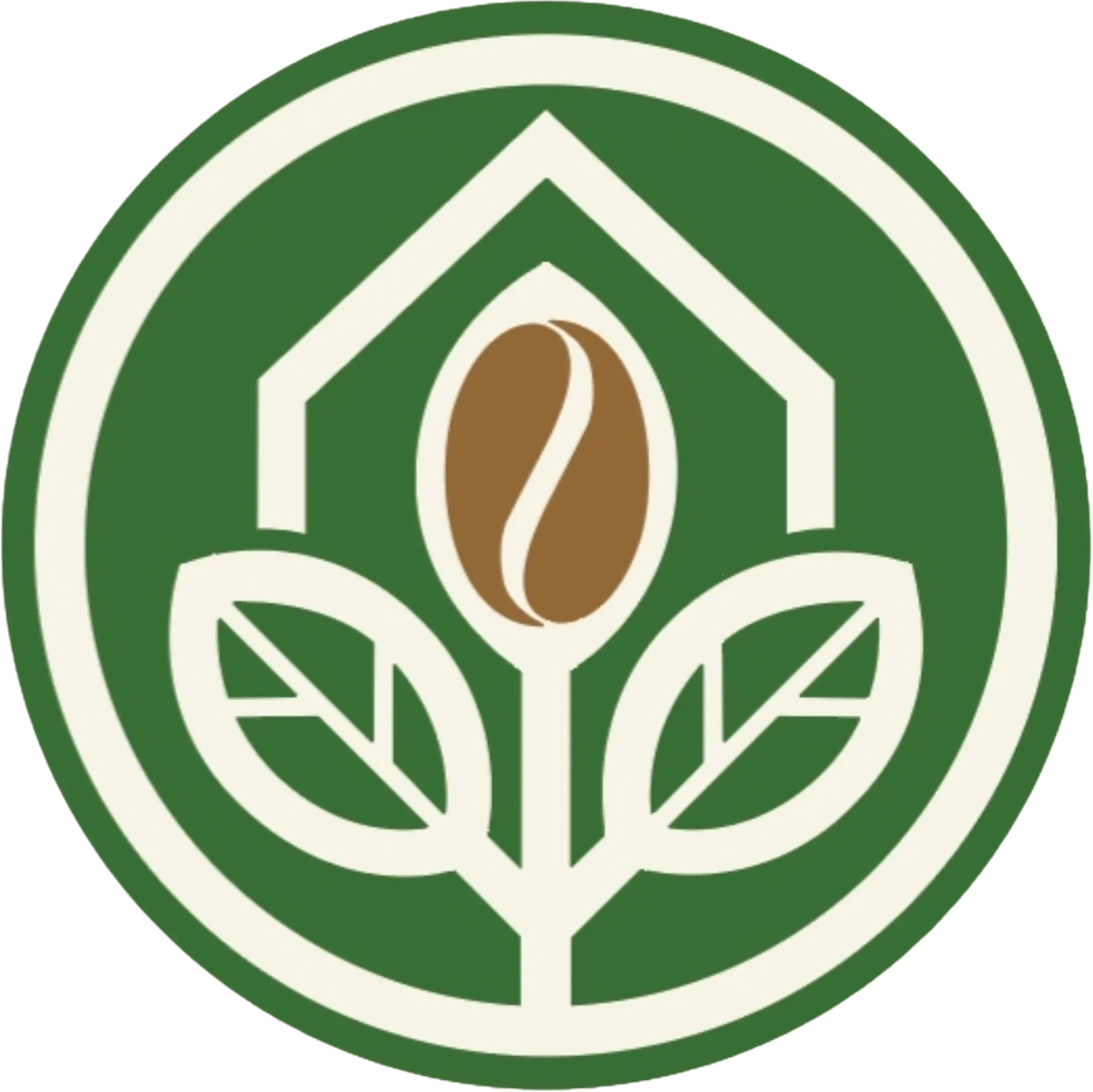 A circular logo design emphasizing a coffee bean and leaves, with a house silhouette.