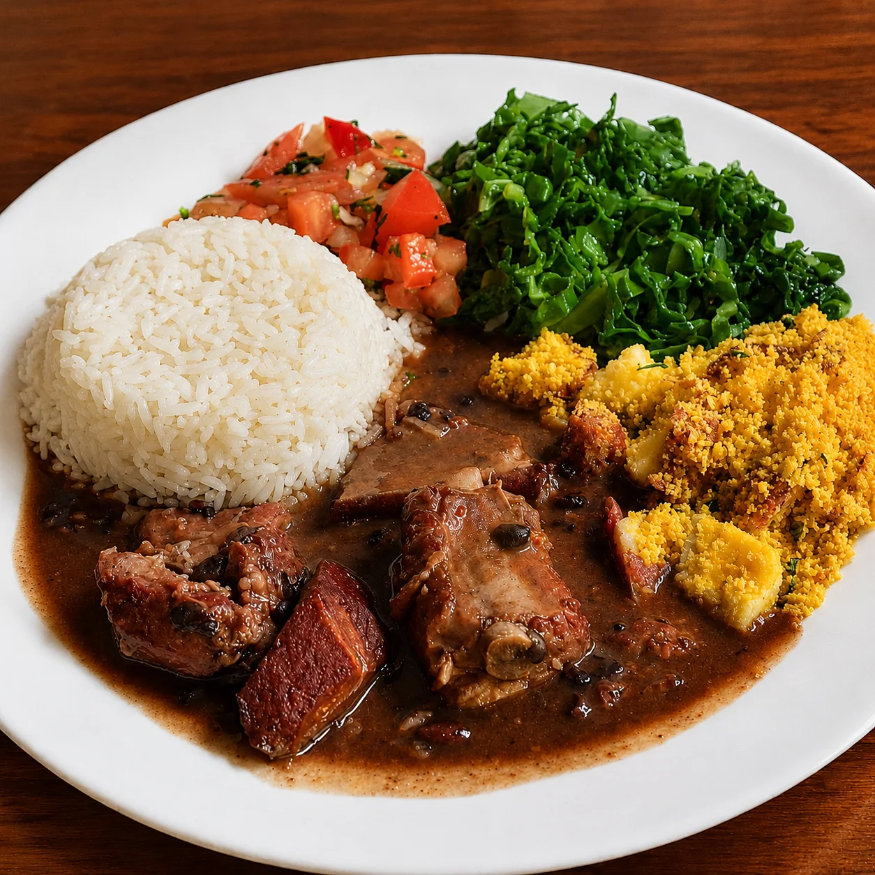 Brazilian feijoada served with rice and greens