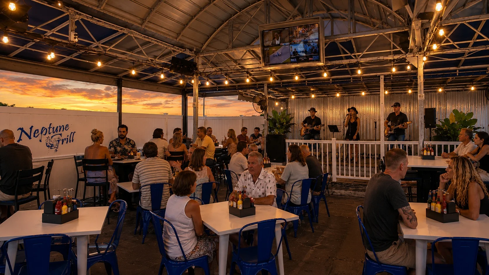 Outdoor dining at Neptune Grill with live music and sunset view