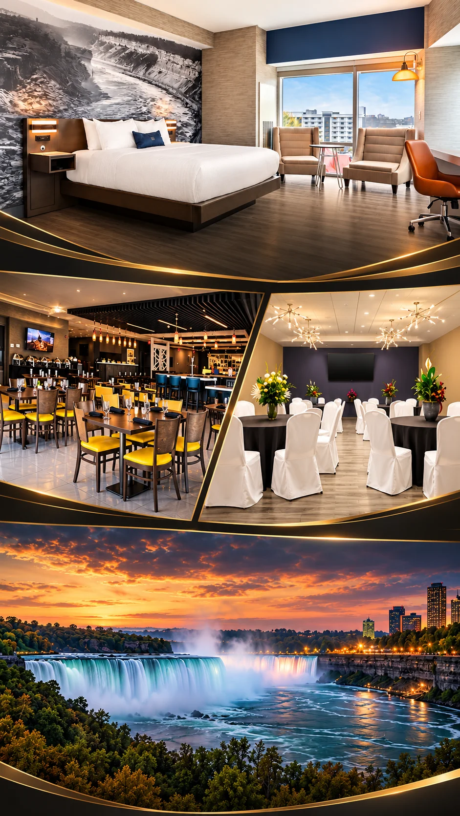 AMALA Restaurant and Bar, Cambria Hotel meeting room, and Niagara Falls views
