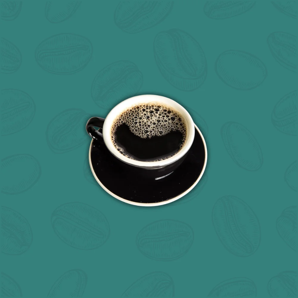 A black coffee cup filled with black coffee on a matching saucer, set against a teal background with subtle coffee bean patterns, creating a cozy vibe.
