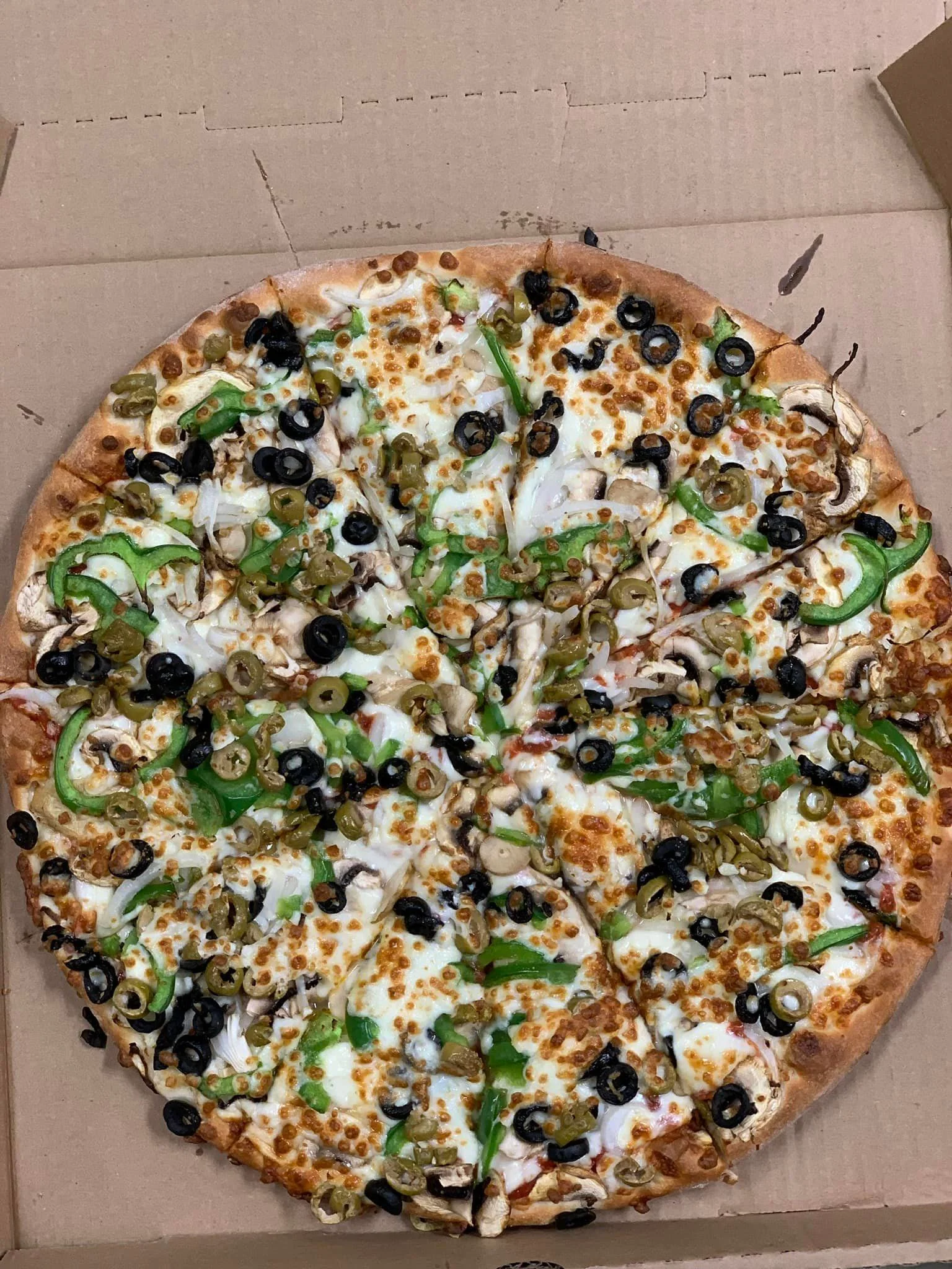 Vegetarian pizza with olives and green peppers