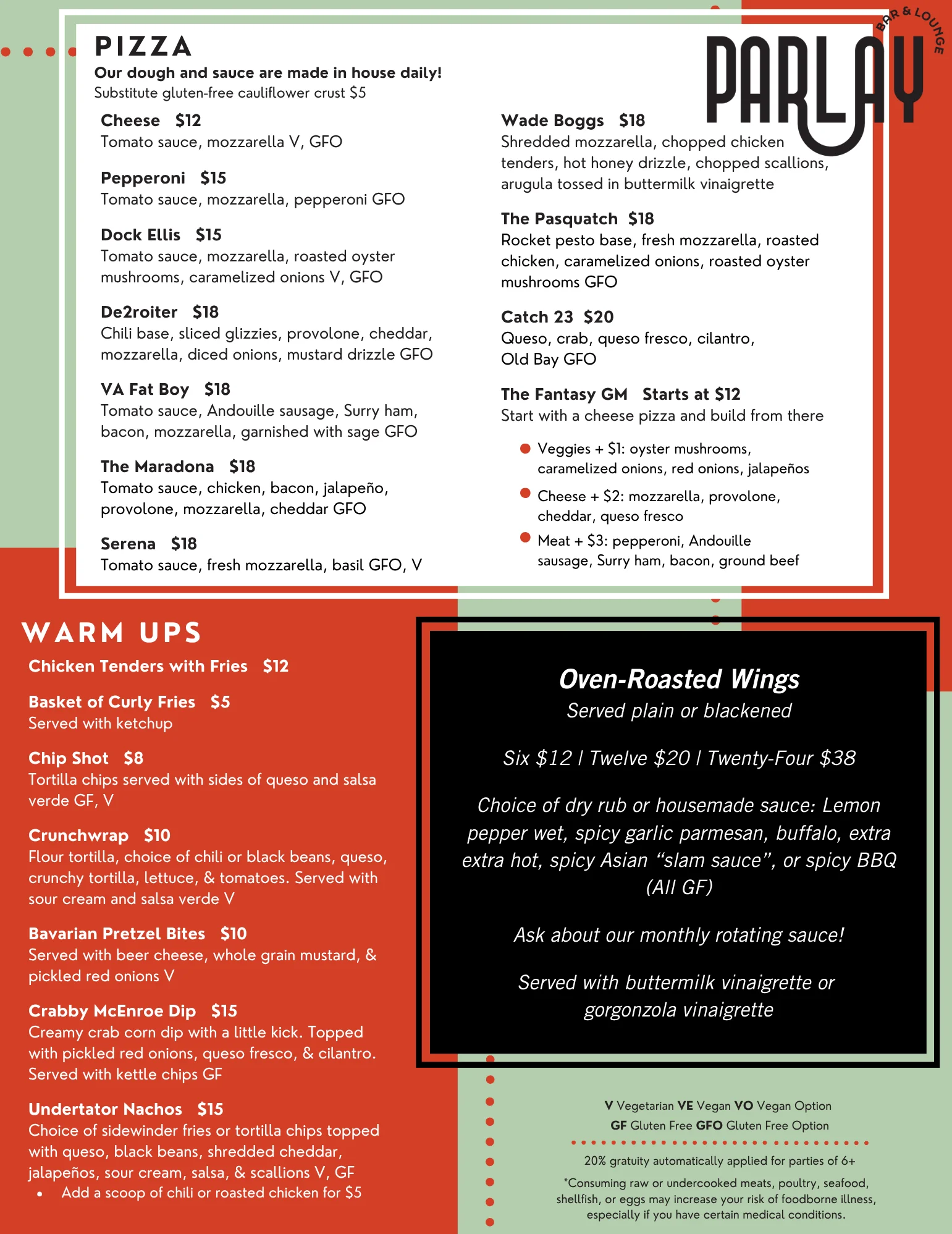 Menu featuring a variety of pizzas and warm appetizers