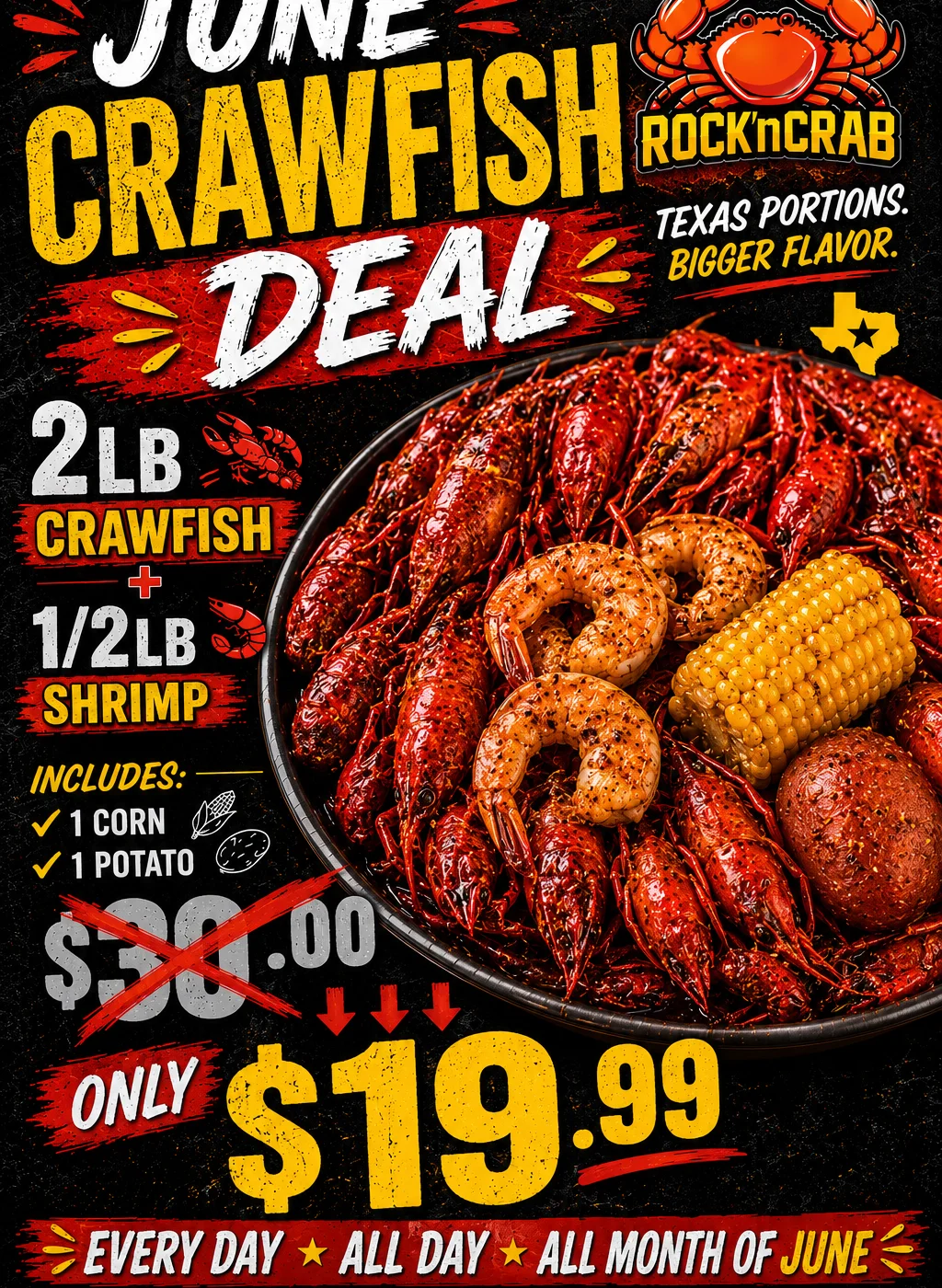 Seafood boil featuring crawfish, snow crab, and shrimp