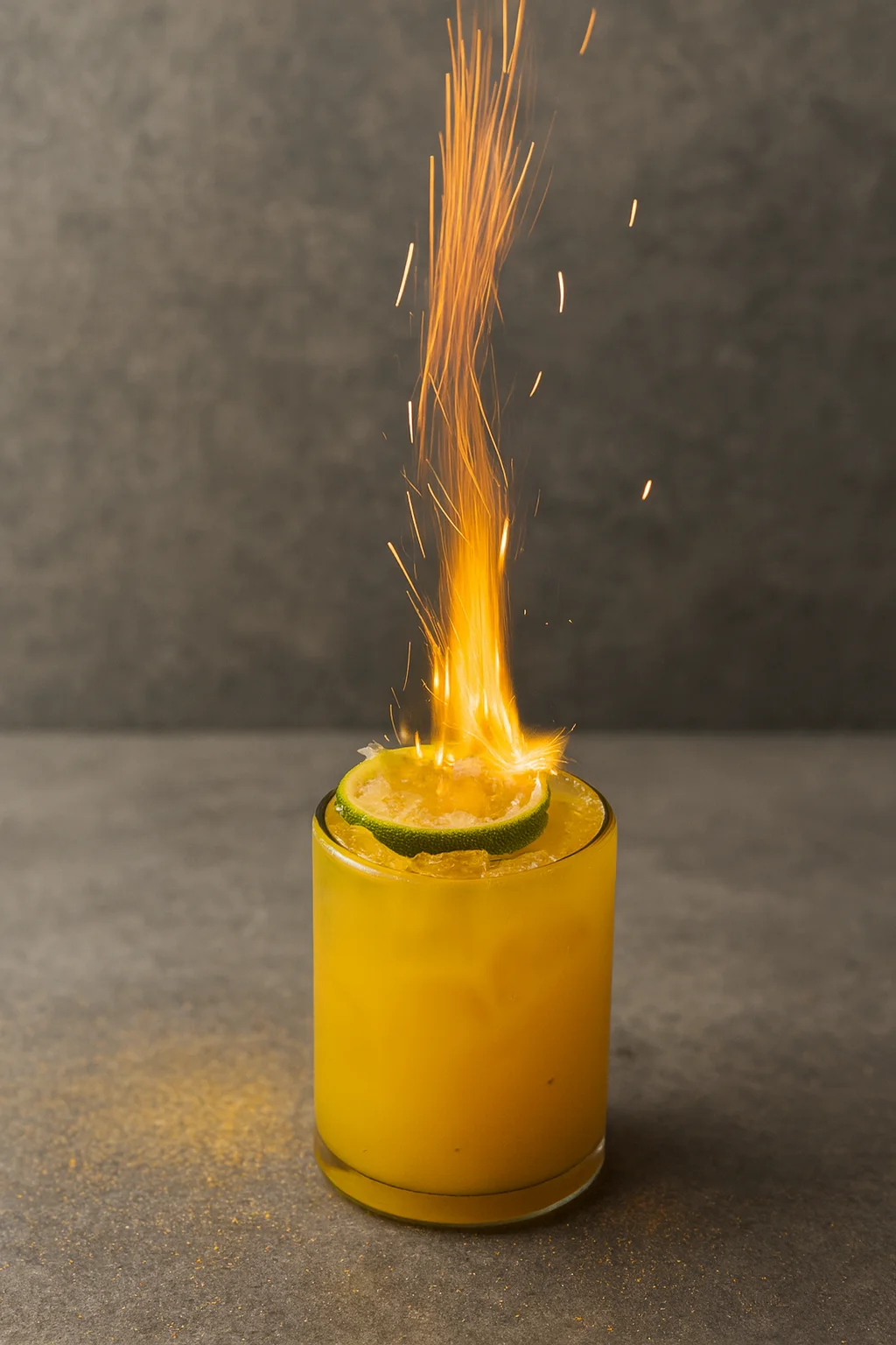 Flaming tropical cocktail with lime garnish