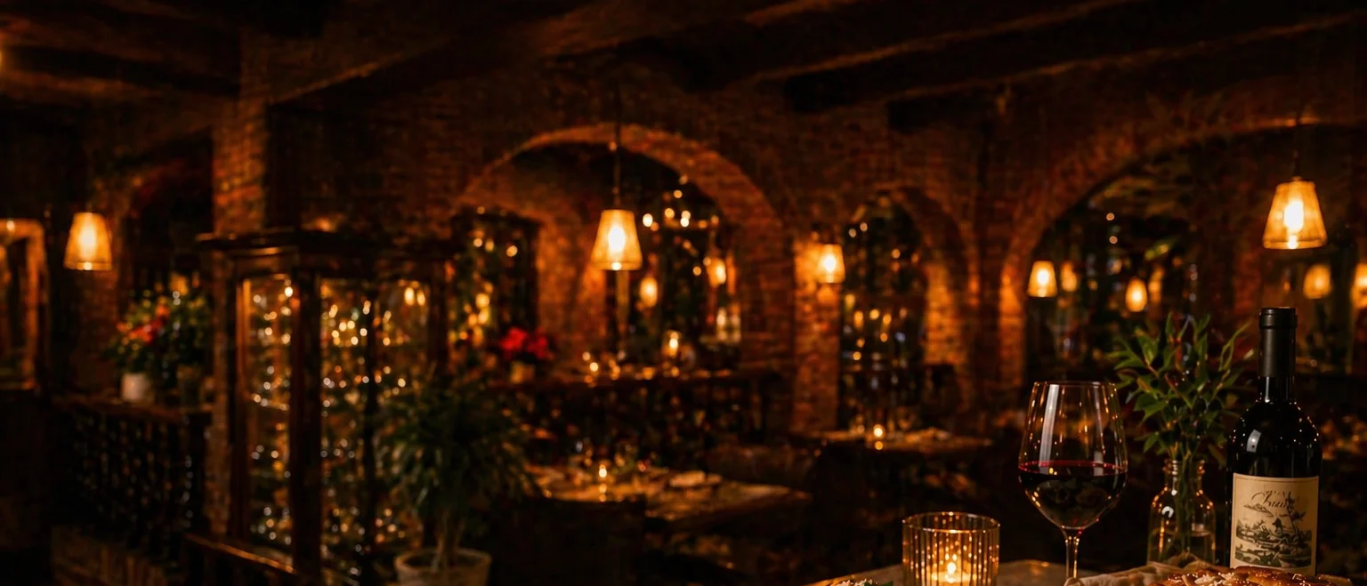 A cozy restaurant interior featuring wooden furnishings, warm lighting, and potted plants. Patrons are seated at booths and tables, enjoying their meals.