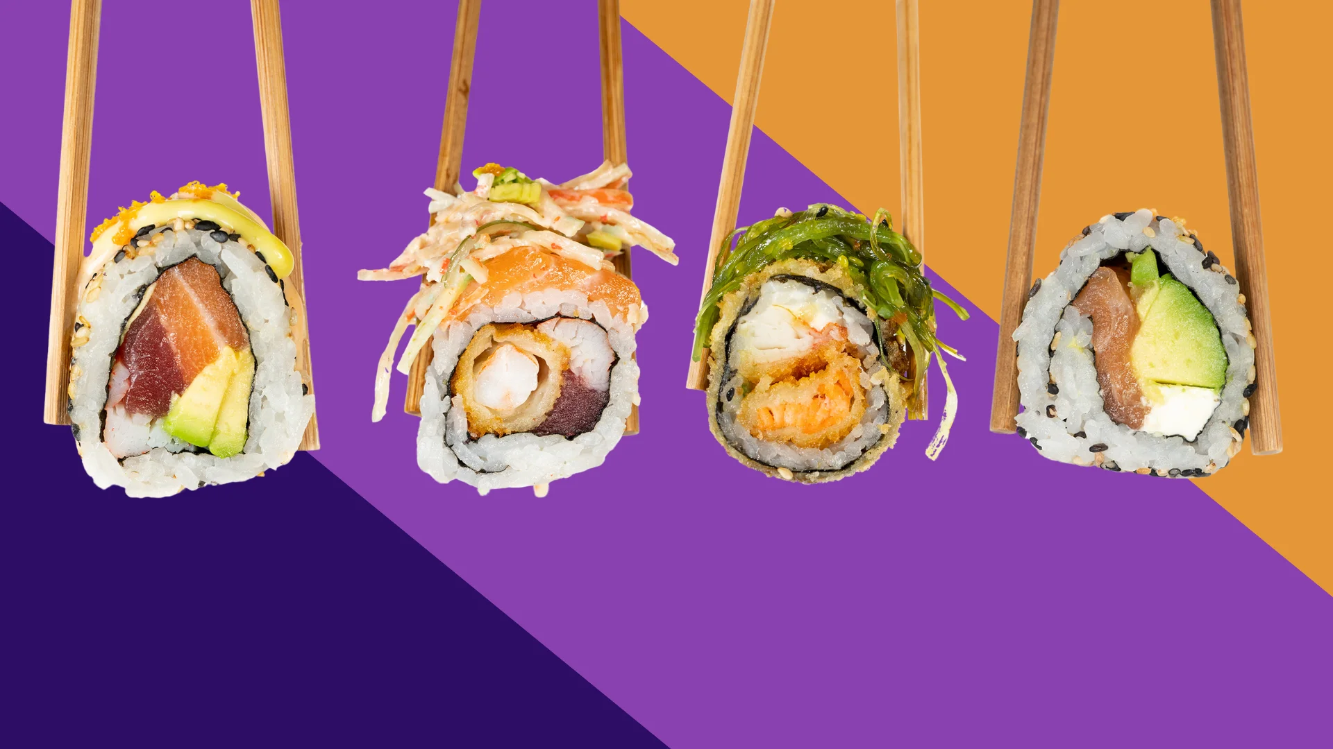 Assorted sushi rolls with chopsticks on a colorful background