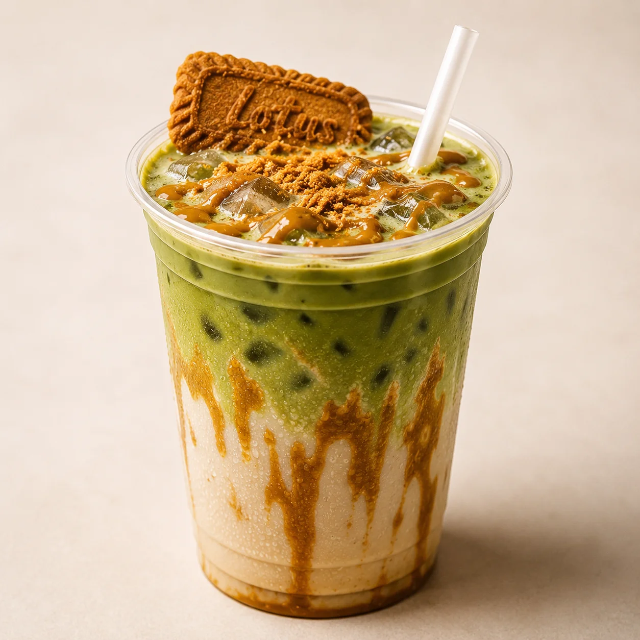 Iced matcha latte with caramel drizzle and Lotus biscuit