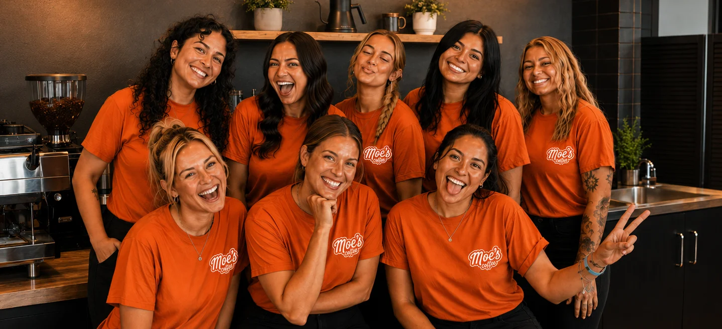 Team of baristas in orange shirts at a coffee shop