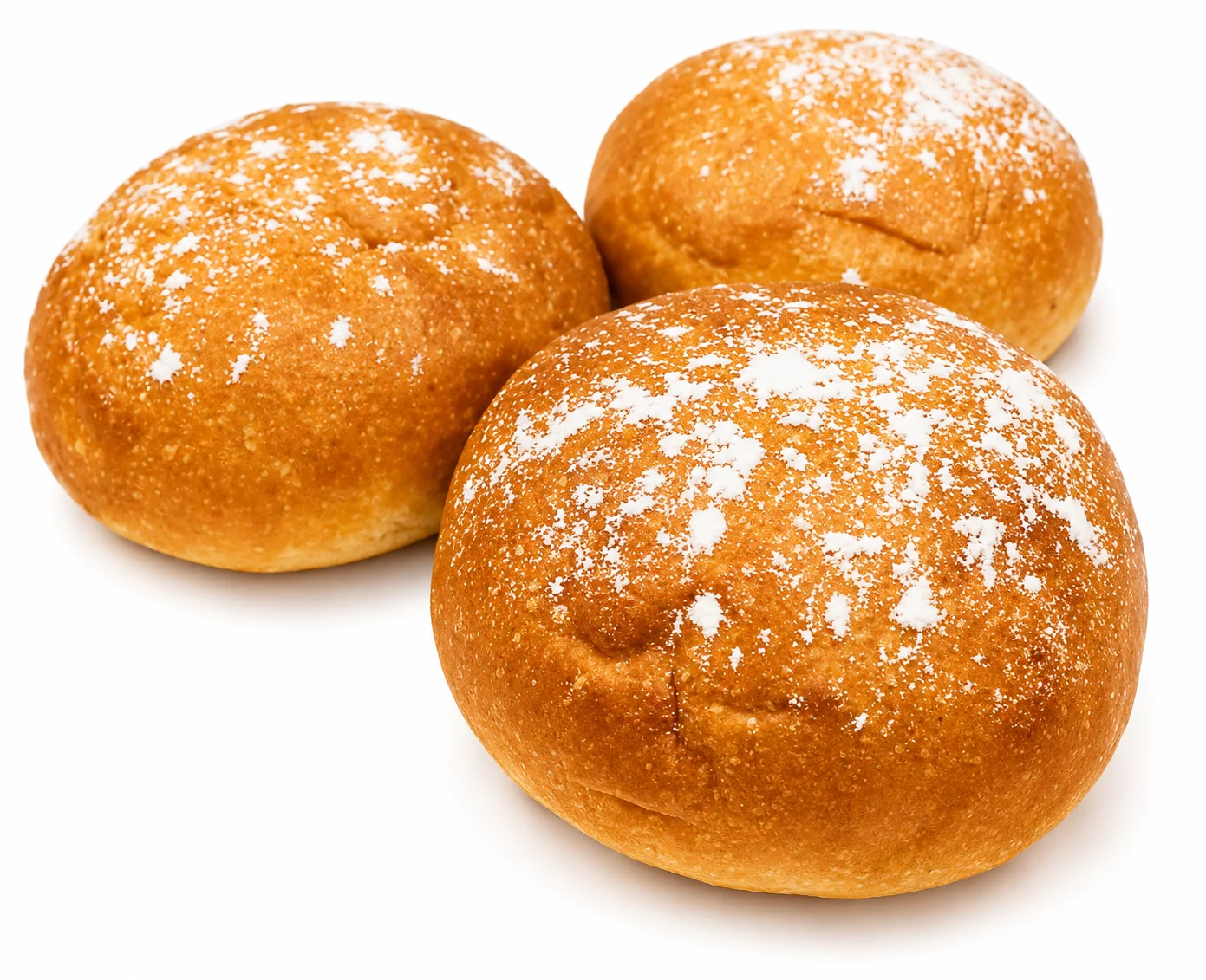 Three round, golden-brown pastries dusted with powdered sugar.