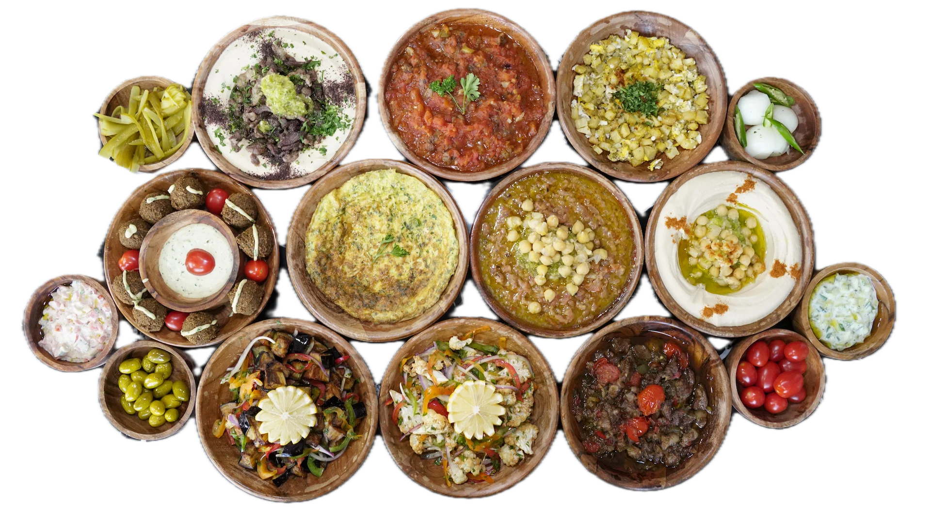Assorted Middle Eastern mezze platter with dips and salads