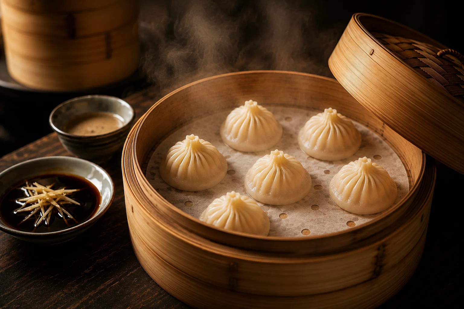 Steaming basket of Chinese xiao long bao dumplings