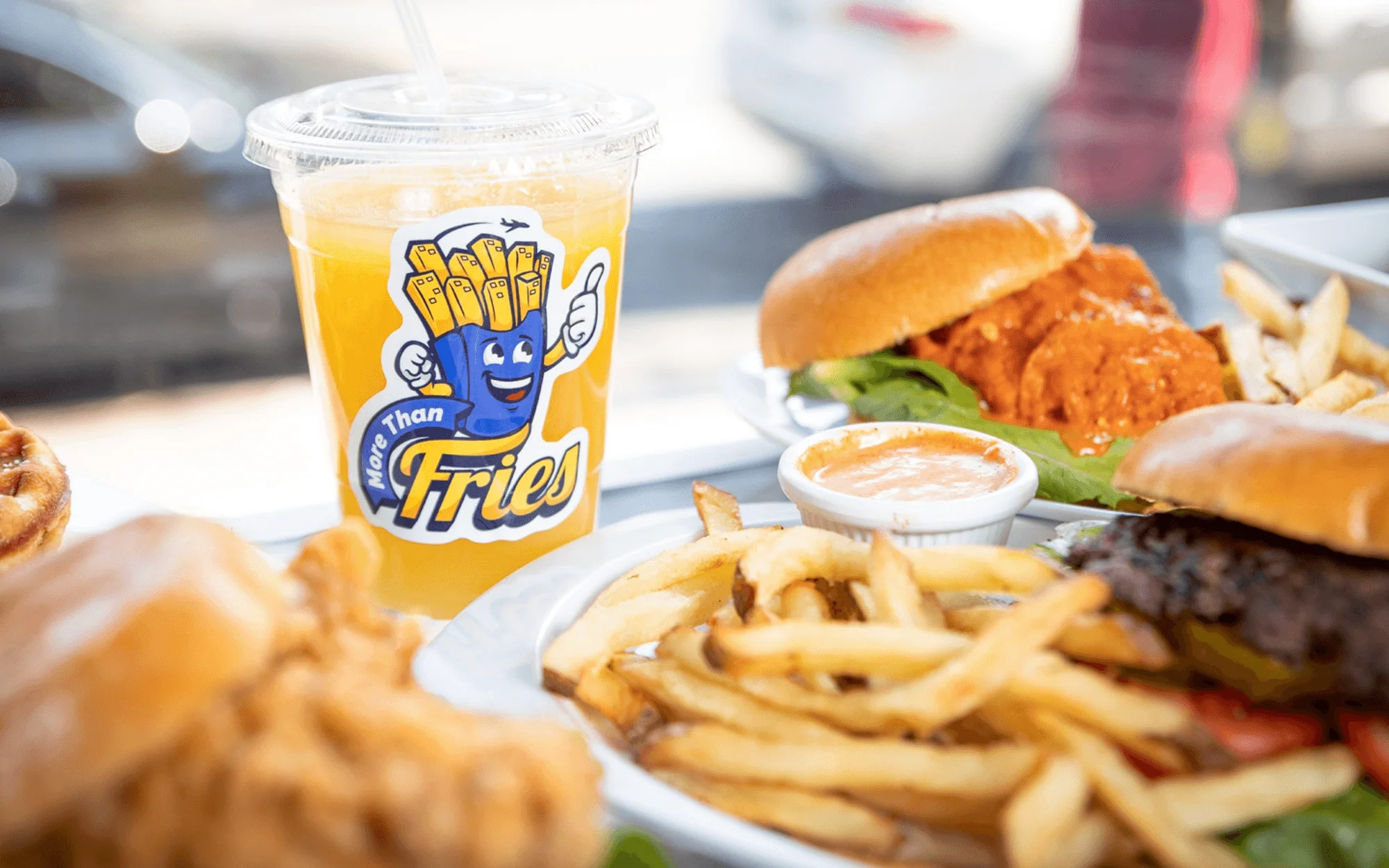 Delicious American burgers with fries and a refreshing drink