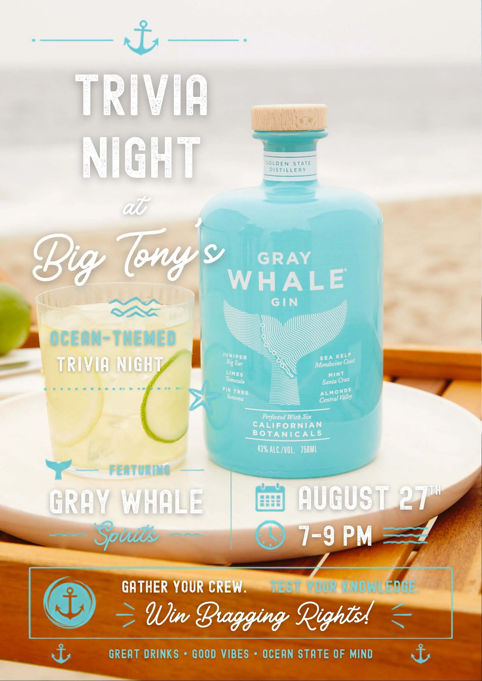 Ocean-themed trivia night event at Big Tony's with cocktails and gin