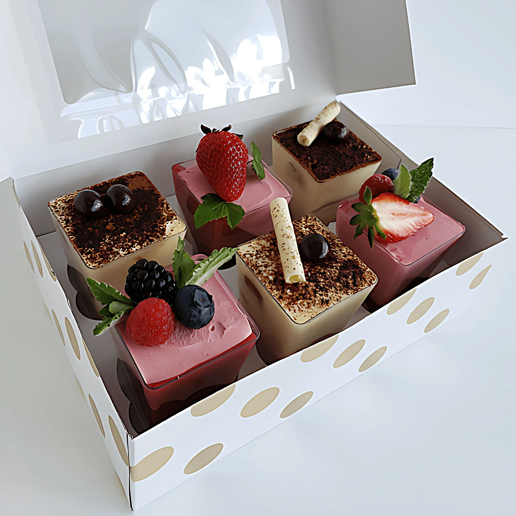 Assorted gourmet desserts in a decorative box