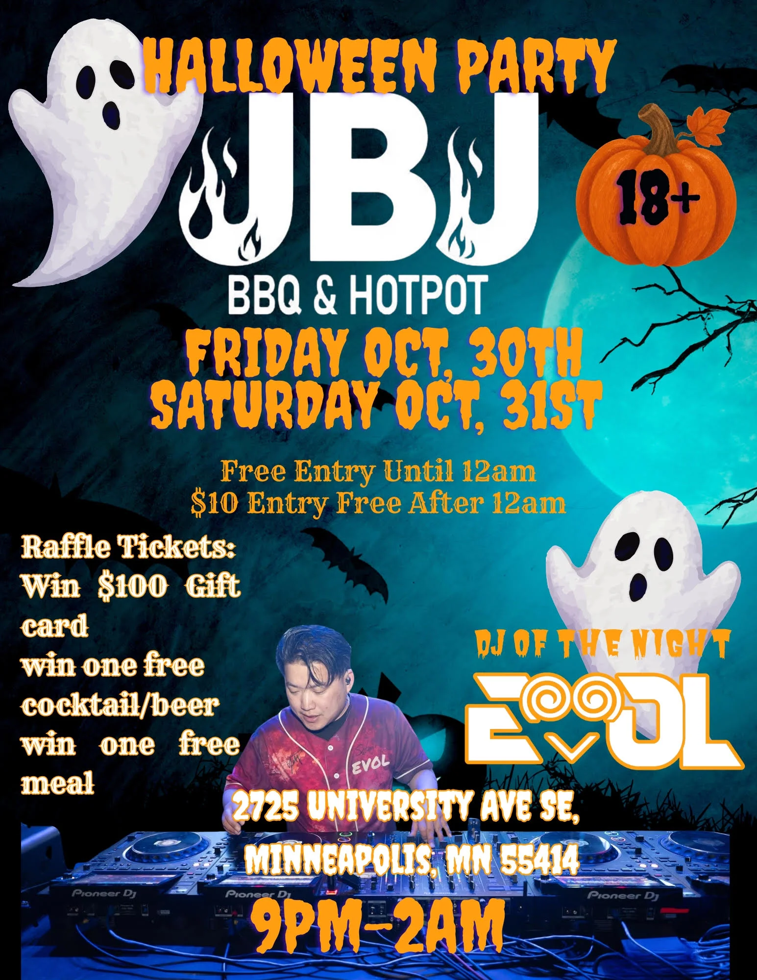 Halloween party poster for a BBQ and hotpot restaurant with DJ and spooky graphics