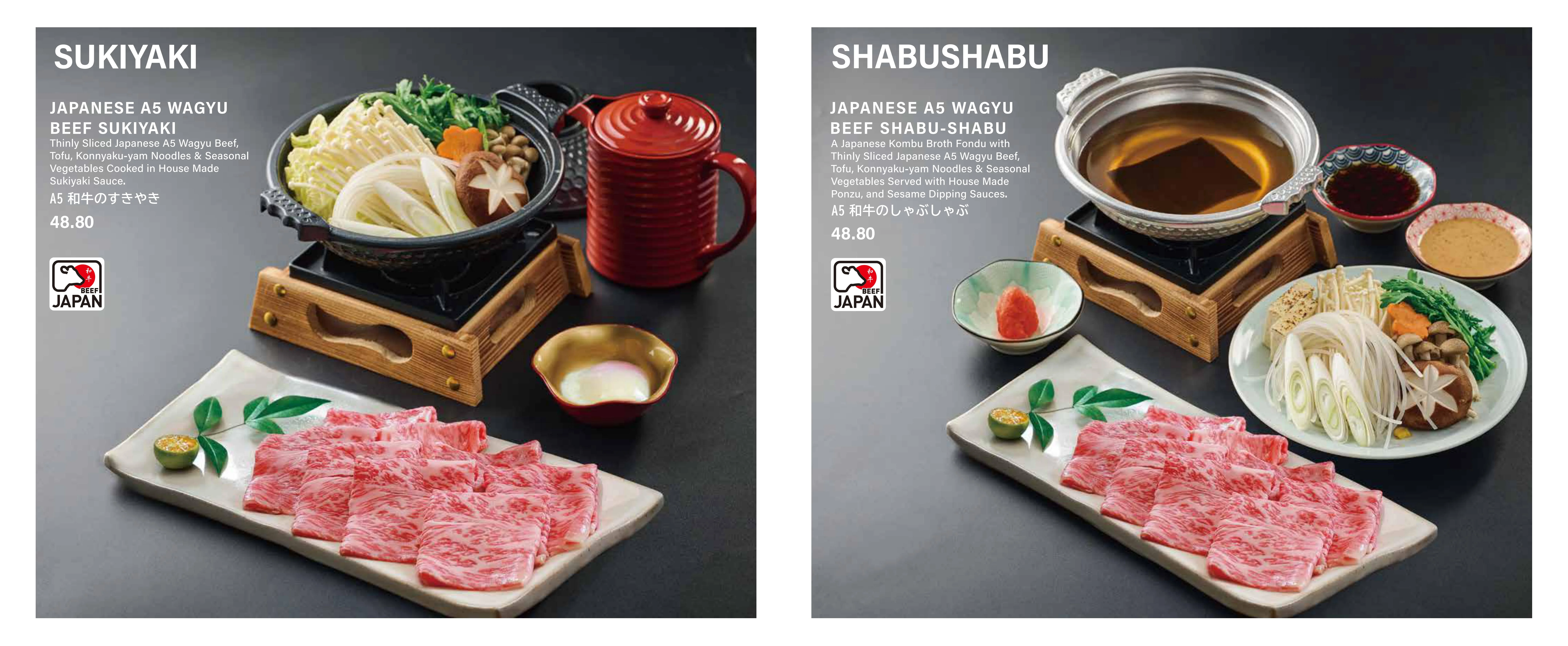 Japanese A5 Wagyu beef sukiyaki and shabu-shabu dishes