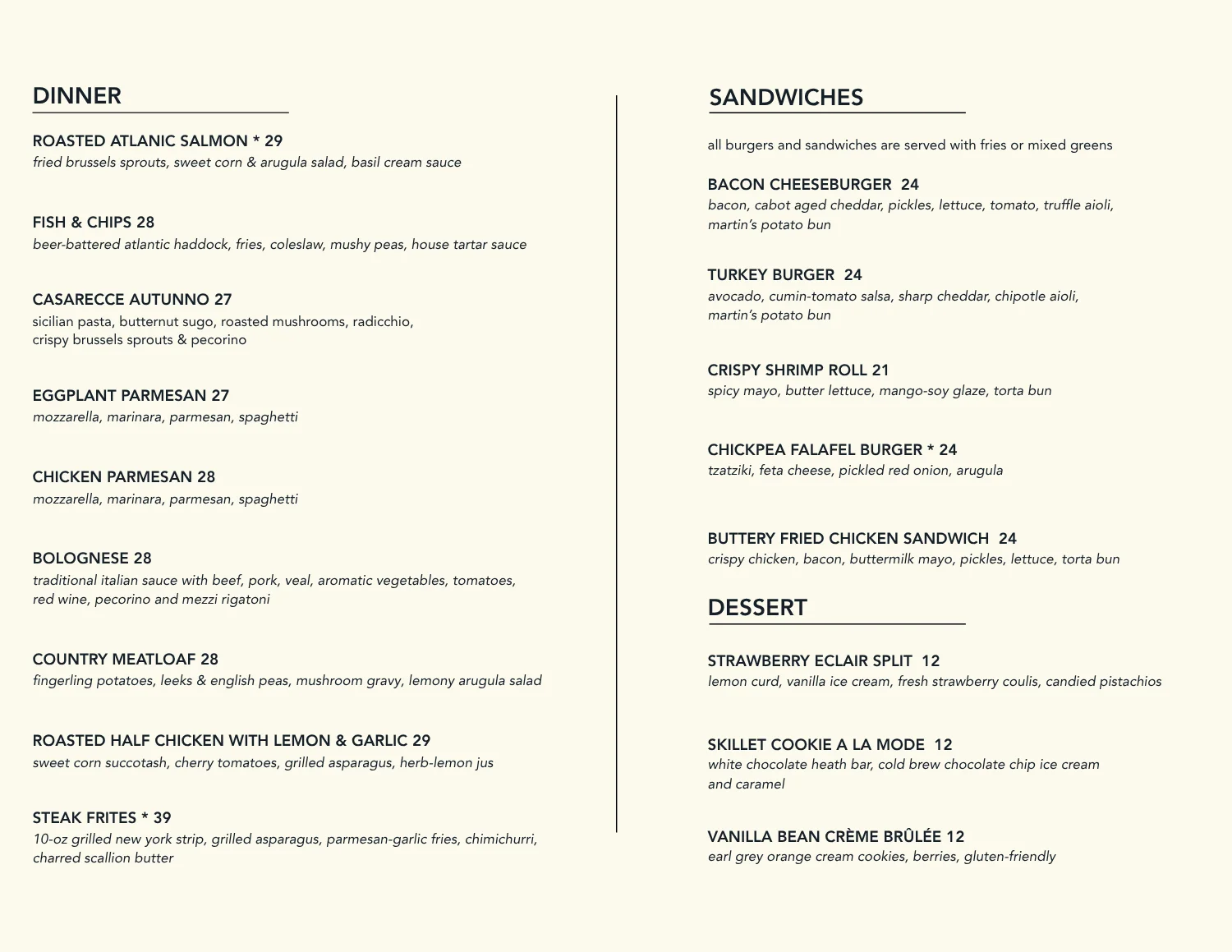 Restaurant dinner, sandwich, and dessert menu with modern typography
