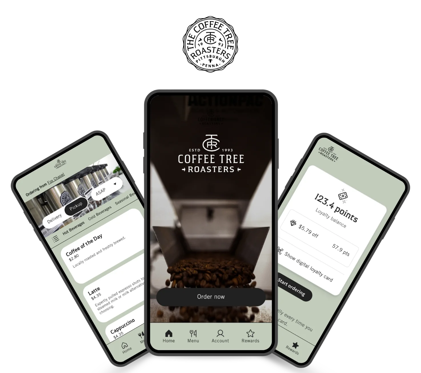 Three smartphone screens display The Coffee Tree Roasters app interface, highlighting coffee selection, a loyalty points system, and an "Order Now" button. The background is dark with app store icons below.